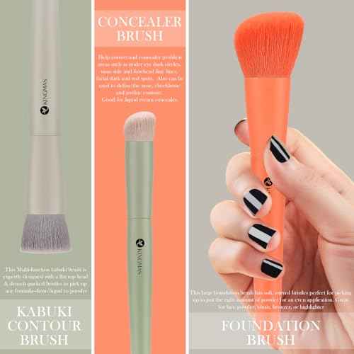 KINGMAS 3Pcs Foundation Brush Contour Concealer Brush Set, Under Eye & Blusher Brush Face Kabuki Makeup Brushes
