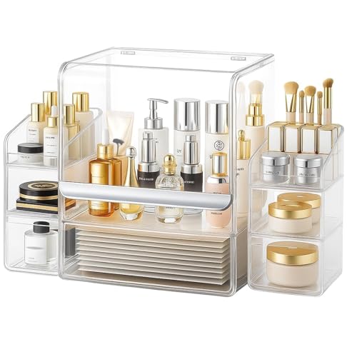 Makeup Organizer for Vanity With Lid, Stackable Cosmetics Organizer and Storage,Dustproof Clear Acrylic Makeup Organizer (Large + Drawer box + Lipstick Organizer)