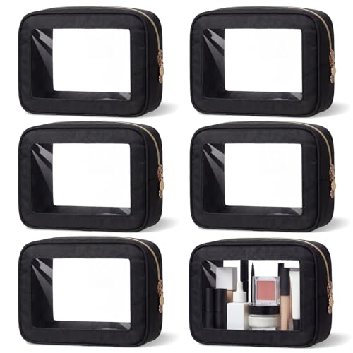 Abbylike 6 Pcs Clear Makeup Bags Mother's Day Travel Nylon Clear Nude Black Toiletry Bag Bulk Car Organizer Case Waterproof Toiletry Pouch with Golden Zipper for Teacher Mother Women Wedding Gift