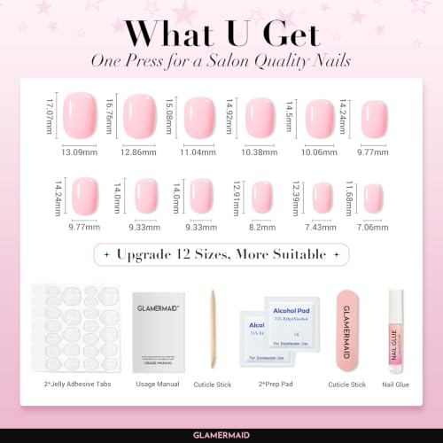 GLAMERMAID Opaque Pink Short Press-On Nails | Pure Fake Nails, Square / Squoval, 24pcs