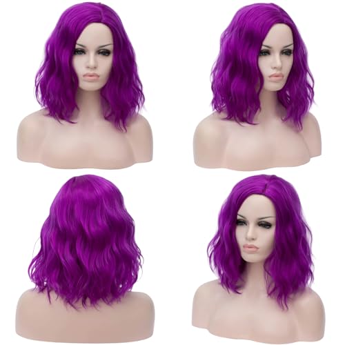 Dark Purple Short Bob Wavy Curly Wig for Women - 14" Heat Resistant