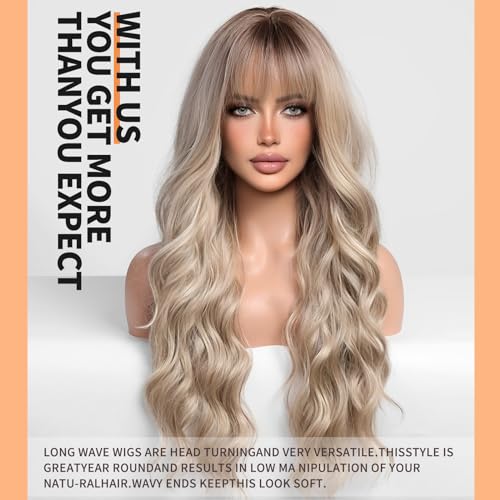 KOME Ombre Dirty Blonde Wigs with Bangs,Ash Blonde Long Wavy Wig for Women,Long Curly Synthetic Hair Wig for Party Daily Use 24IN