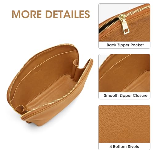 Kattee Medium Leather Makeup Bag for Women - Brown Cosmetic Organizer