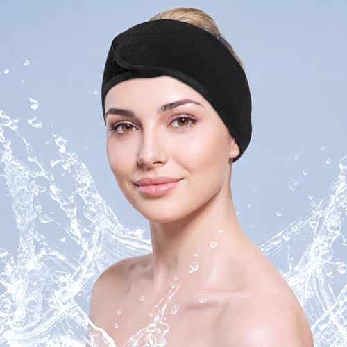 12 Pack Adjustable Spa Headbands for Face Washing & Makeup - Black