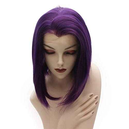 iwonawig Short Straight Bob Wig Drag Queen Synthetic Lace Front Wig Raven Purple Half Hand Tied Heat Resistant Fiber Hair Wig