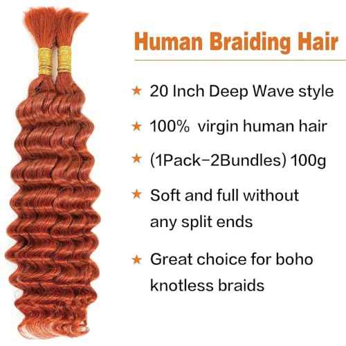 Deep Curly Braiding Human Hair 100g 16 Inch Ginger Orange 350 Deep Water Wave Bulk Human Hair for Braiding No Weft Brazilian Virgin Deep Curly Human Hair Extensions for Boho Braids
