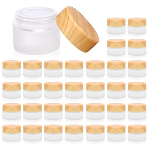 32 Pcs Glass Cosmetic Containers 5 Grams Round Frosted Cosmetic Jars with Leak proof lids Empty glass sample Jars Scrub Balm Lotions Sample Containers for Makeup Lotion Lip Balm Eye Cream