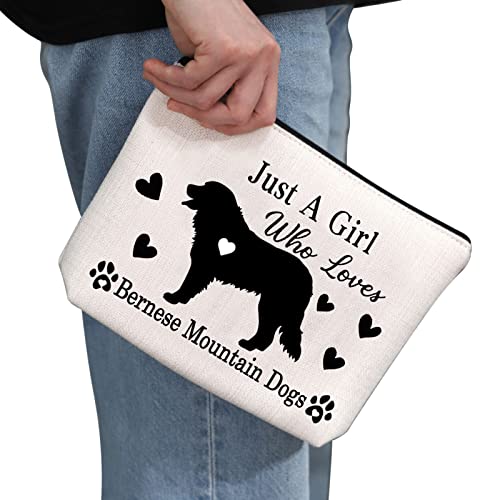 G2TUP Bernese Mountain Dog Lover Gift Who Loves Bernese Mountain Dogs Makeup Bag Bernese Mountain Mom Cosmetic Bag Dog Mama Travel Bag (Just a Girl Who Loves Bernese White Bag)