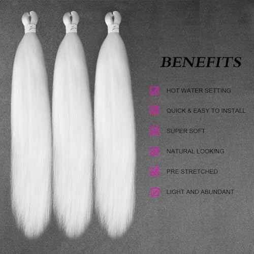 White Pre Stretched Braiding Hair 3 Bundles/Pack 26" Easy Braid Hair Itch Free Crochet Twist BraidsYaki Texture Hair for Braiding Extensions for Women (26 Inch,3 Packs,White)