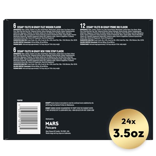 CESAR Filets in Gravy Adult Wet Dog Food, Filet Mignon, New York Strip and Prime Rib Flavors Variety Pack, 3.5 oz. Easy Peel Trays, Pack of 24