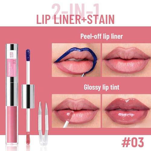 2-in-1 Peach Pink Lip Stain Peel Off & Hydrating Plumping Lip Oil with Tweezer, of Women Long Lasting Waterproof Peel Off Lip liner Tattoo, Highly Pigmented for All Skin Types 03#