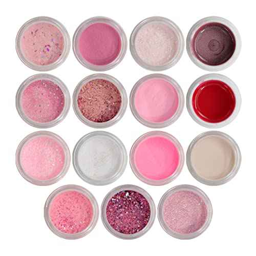 Nail Factory - Acrylic Powder Set Forever Pink Collection, 15 Pink Colors Mixed Shapes Set Glitter Nail Sequins Powder Holographic, Professional Nail Art Cosmetic, 3.5 Gr. Each One.
