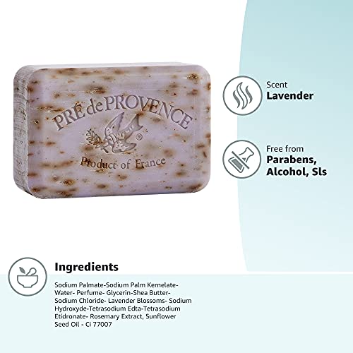 Pre de Provence Artisanal Soap Bar, Enriched with Organic Shea Butter, Natural French Skincare, Quad Milled for Rich Smooth Lather, Lavender, 8.8 Ounce