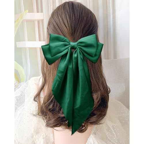 Large Silky Satin Bows 3Pcs Green Hair Ribbons for Women - Cute Coquette Bow Clips with Long Tails and Ponytail Barrettes