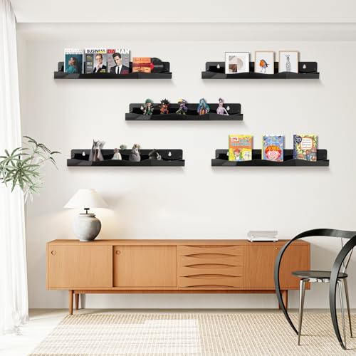 6 Pack Wall Mounted Acrylic Nail Polish Organizer Rack 15 Inch Black Nail Polish Shelf with Removable Ends Multi-Purpose Shelf for Essential Oils Cosmetics Storage Display for Salon Bathroom