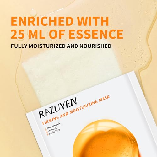 RAZUYEN Firming and Moisturizing Sheet Face Masks with Hyaluronic Acid and Peptides, Reduce Fine Lines and Wrinkles, Hydrating & Anti-Aging Essence Mask, Facial Skin Care (Pack of 10)