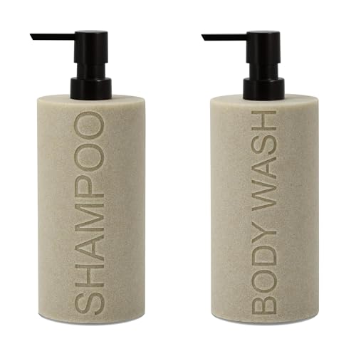 Resin 2 Pack Shampoo, Conditioner or Body Wash Dispenser Set, Luxurious Refillable Pump Bottles with Matte Pump Top and Embossed Text, Durable Design for Bathroom and Shower