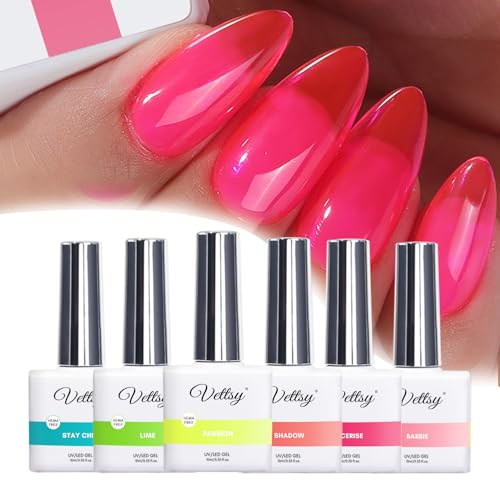 vettsy HEMA-Free Neon Jelly Gel Nail Polish Kit - 6 Bold & Vibrant Translucent Colors - Long-Lasting Soak-Off UV/LED Gel Polishes - Vegan, Cruelty-Free for Healthy, Glossy Nails