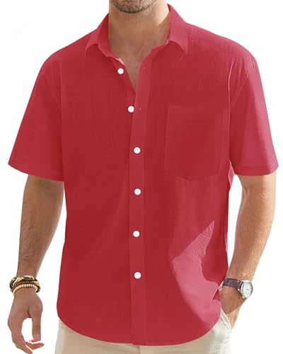 J.VER Men's Lightweight Linen Short Sleeve Shirts Casual Button Down Shirt Family Vacation Shirt with Pocket Red Medium