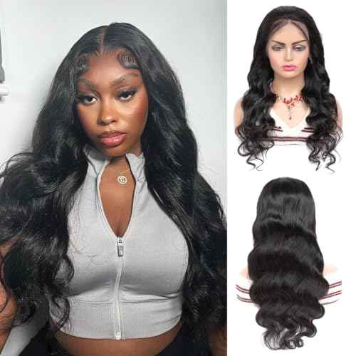 ALHER Small Cap Lace Front Wigs Human Hair Pre Plucked Body Wave, 13X4 HD Transparent Frontal Wigs 150 Density for Women,Small Cap Size 21-21.5 Natural Black Wavy Wig for Women 22 Inch