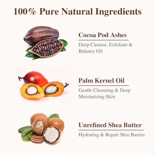 African Black Soap, 100% Pure & Natural, For Face & Body Fight Acne, Eczema & Oily Skin, With Raw Shea Butter, Palm Kernel Oil & Cocoa Pod Ash, 8 Oz