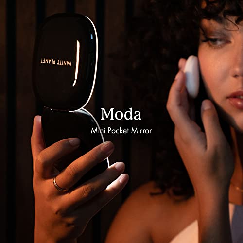 Vanity Planet Pocket Makeup Mirror with Lights & Magnification, Moda - Mini Light-Up Compact & Travel Makeup Mirror - Portable, Adjustable & Rechargeable LED Magnifying Mirror for On-The-Go - Black