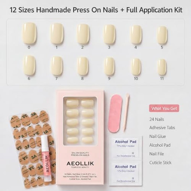 Handmade Squoval Press On Nails Set - Pastel Yellow Acrylic, 24 Pcs