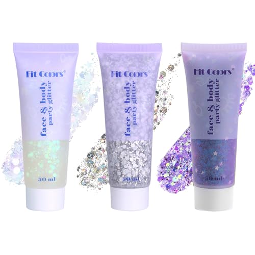 Face Body Glitter Set for Women and Kids, White Silver Purple Holographic Mermaid Sequins Chunky Glitter Makeup for Music Festival Rave Accessories, Christmas, Wedding, New Year, Prom