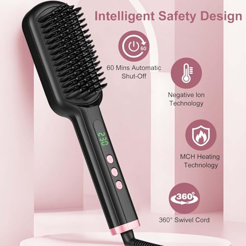 SIQUER Ionic Hair Straightener Brush – 13 Temps LCD, 45s Fast Heating