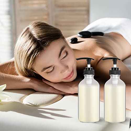 Tanlade 24 Pcs 8 oz Glass Pump Bottle Empty Bottle Glass Soap Dispenser with Pump Refillable Containers and Labels Funnels for Essential Oils Cleaning Products Lotions Conditioner(Clear)