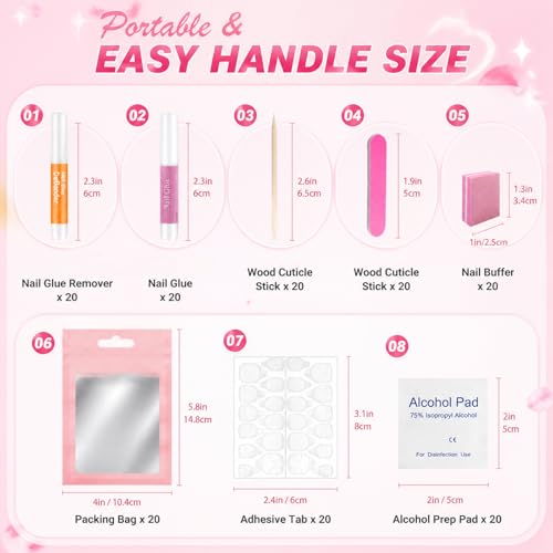 20 Set Press On Nail Prep Kit with Adhesive Tabs & Glue