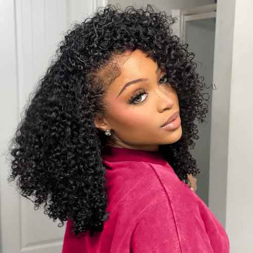 Kinky Curly Half Wig Human Hair 200% Density Wear Go Glueless Wigs Human Hair 20 Inch Curly 3 In 1 Half Wigs for Women Drawstring Seamless Flip Headband Wig Beginner Friendly