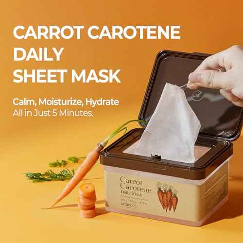 SKINFOOD Carrot Carotene Daily Sheet Mask, Korean Skincare Hack, 5-Minute Quick Hydrating, Soothing & Moisturizing Face Mask for Dry Skin, Glass Skin, Bulk Pack (30EA)