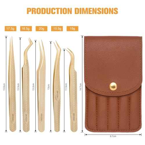 Lash Tweezers for Eyelash Extension, Professional Lash Extension Tweezer Set, High Precision Eyelash Tweezers for Volume Eyelash Extensions (Gold, 5PCS Set)