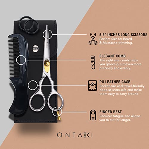 ONTAKI 3 Scissors pack - 1 Japanese Steel Beard & Mustache Scissors With Comb - 2 Facial Grooming Nose Hair Scissors - 1 Curved Blade Tip & 1 Safety Blunt Rounded Tip
