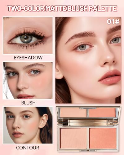 LYSdefeu Light Pink Nude Peach Pink Powder Blush Palette Set with Brush - Contour & Makeup