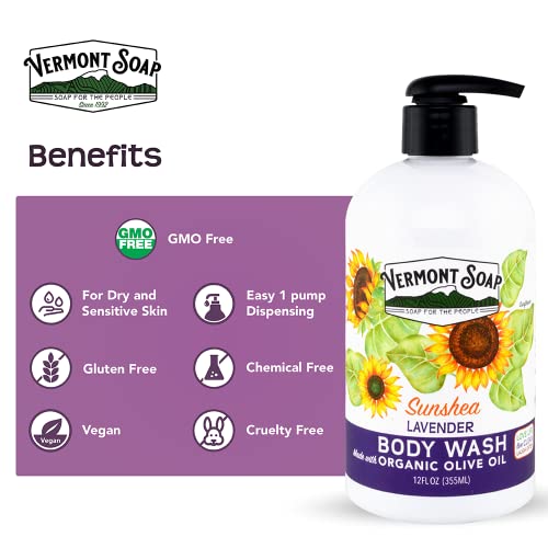 VERMONT SOAP Body Wash, Natural Body Wash with Shea Butter, Mild Gel Body Wash for Moisturizing and Soothing Skin, Fragrance Free Body Wash for Women & Men (Lavender Ecstasy, 12oz)