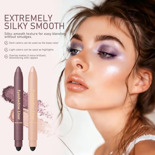 2 in 1 Eyeliner and Eyeshadow Plum, Eyeshadow Stick and Liner Duo, Waterproof, Smudge-Proof, Effortless Smoky or Natural Eye Makeup (2Pcs B)