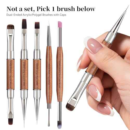 Dual Head Acrylic Nail Brush-French Tip & 9mm Liner with Cleaning Brush for Builder Gel,Polygel & Design-Wood Handle & Metal Caps