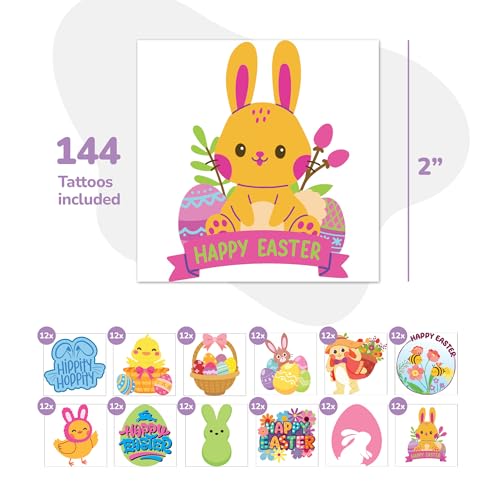 ArtCreativity 144 Pcs Glow in The Dark Easter Temporary Tattoos for Kids - 144 Pack Tattoos in 12 Festive Designs - Glow in The Dark Easter Basket Stuffers and Egg Fillers for Kids