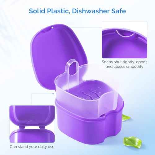 JMU Denture Bath Case, Denture Cup for Soaking Dentures with Strainer Basket Tray for Dentures, Mouth Guard Storage Case, Purple