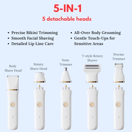 5-in-1 Bikini Trimmer for Women, Waterproof Electric Shaver & Electric Razor for Women, Cordless Hair Trimmer with 5 Heads, Rechargeable Wet/Dry Use Womens Shaver