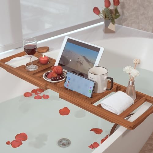 Premium Teak Bathtub Tray with Wine Glass Holder & Book Stand
