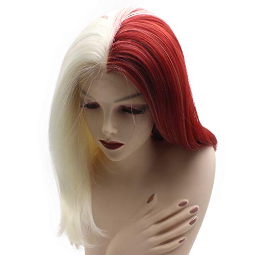 iwonawig Lace Front Synthetic Bob Wig (half white half red)