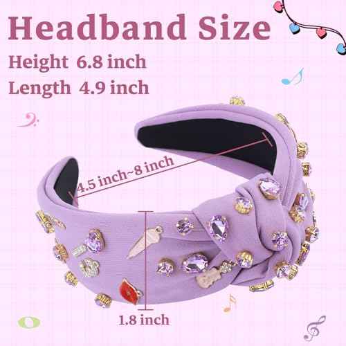 Music Jeweled Knotted Headband for Women, Guitar Red Lip Microphone Rhinestone Crystal Embellished Top Knot Hairband, Fashionable Hair Accessories for Singer Fans Birthday Concert Gift (Purple)