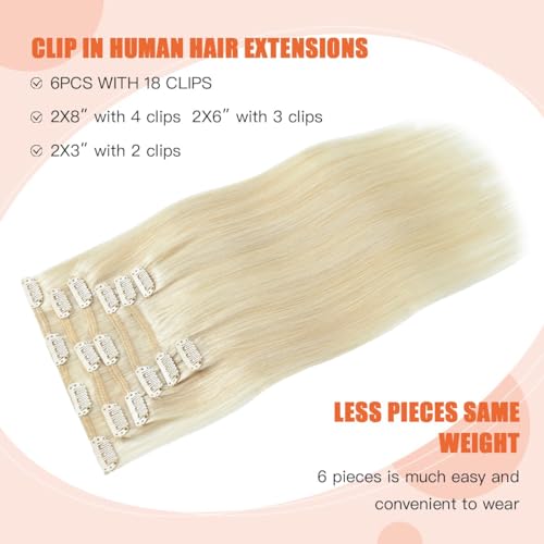 UGOTRAYS Clip in Hair Extensions Real Human Hair Blonde - 18 Inch 70g 7pcs Platinum Blonde 100% Remy Human Hair Clip in Extensions Straight Real Human Hair #60 Platinum Blonde Clip in Hair Extensions