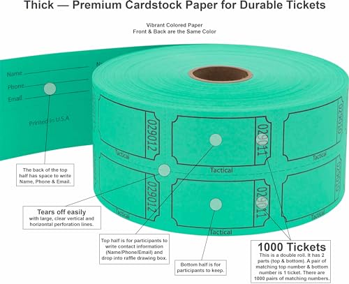 Tacticai 1000 Raffle Tickets, Blank, Green (8 Color Selection), Double Roll for Events, Entry, Class Reward, Fundraiser & Prizes