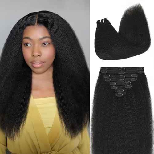 Kinky Straight Clip in Hair Extensions Real Human Hair 26Inch 8Pcs 120g Double Weft Kinky Curly Clip Ins Full Head 100% Unprocessed Brazilian Virgin Hair Extensions for Women Natural Black