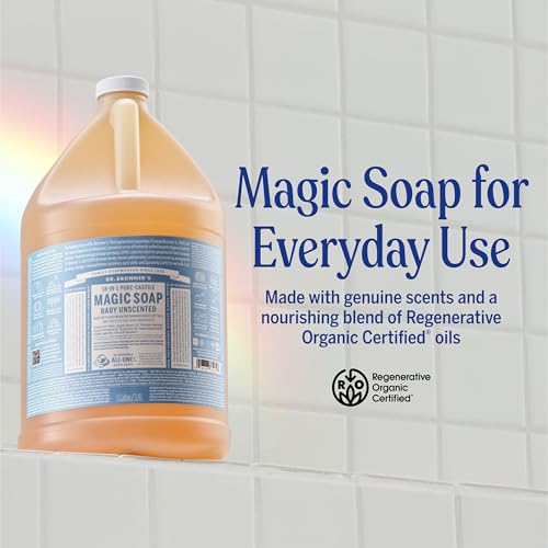 Dr. Bronner's Pure-Castile Magic Soap Liquid (Baby Unscented, 1 Gallon) ? Made with Regenerative Organic Certified Oils- For Sensitive Skin, Babies, Face, Hair, Laundry, Dishes, Hand Soap & Body Wash