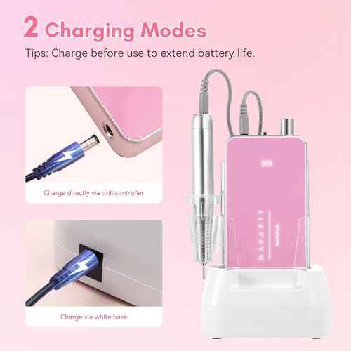 Makartt Nail Drill Professional: 60W 35000RPM Electric Nail File with Coreless Motor, 2 in 1 Desktop & Portable, Drill Bits and LCD Display for Acrylic Gel Nails, Nouvella Pink